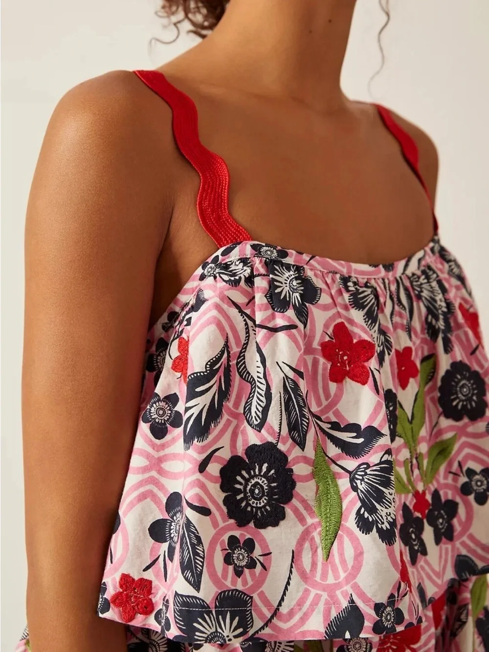 Maeve Pink Floral Tiered Mini Dress with Red Straps - Picture 2 of 6